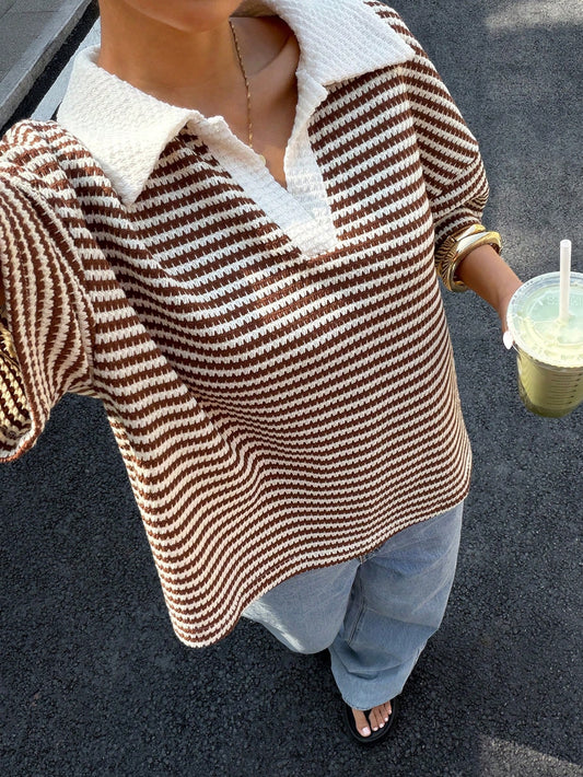 Muchica Women's Loose Brown Stripe Polo Collar T-Shirt,Casual Summer Everyday V-Neck Color-Blocked Drop-Shoulder Short-Sleeved Top,Spring Holiday Clothing