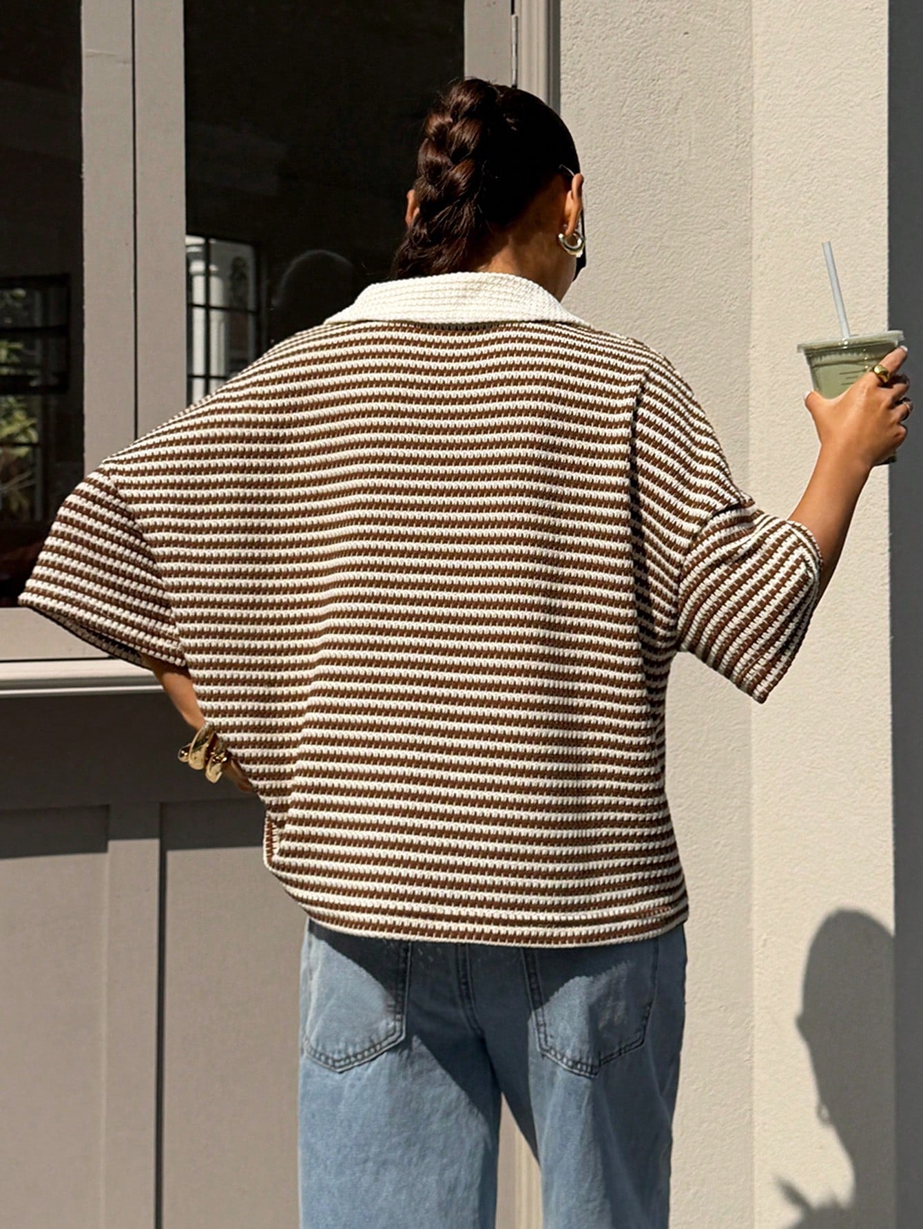Muchica Women's Loose Brown Stripe Polo Collar T-Shirt,Casual Summer Everyday V-Neck Color-Blocked Drop-Shoulder Short-Sleeved Top,Spring Holiday Clothing