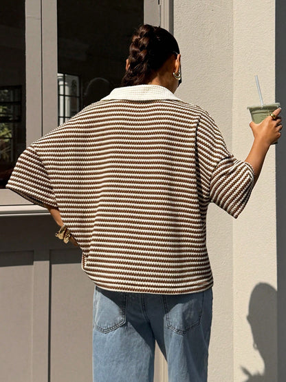Muchica Women's Loose Brown Stripe Polo Collar T-Shirt,Casual Summer Everyday V-Neck Color-Blocked Drop-Shoulder Short-Sleeved Top,Spring Holiday Clothing