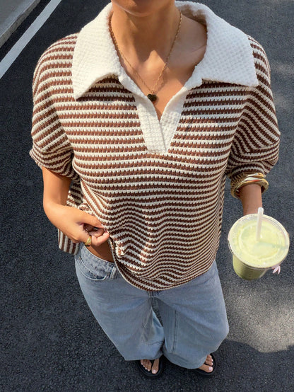 Muchica Women's Loose Brown Stripe Polo Collar T-Shirt,Casual Summer Everyday V-Neck Color-Blocked Drop-Shoulder Short-Sleeved Top,Spring Holiday Clothing