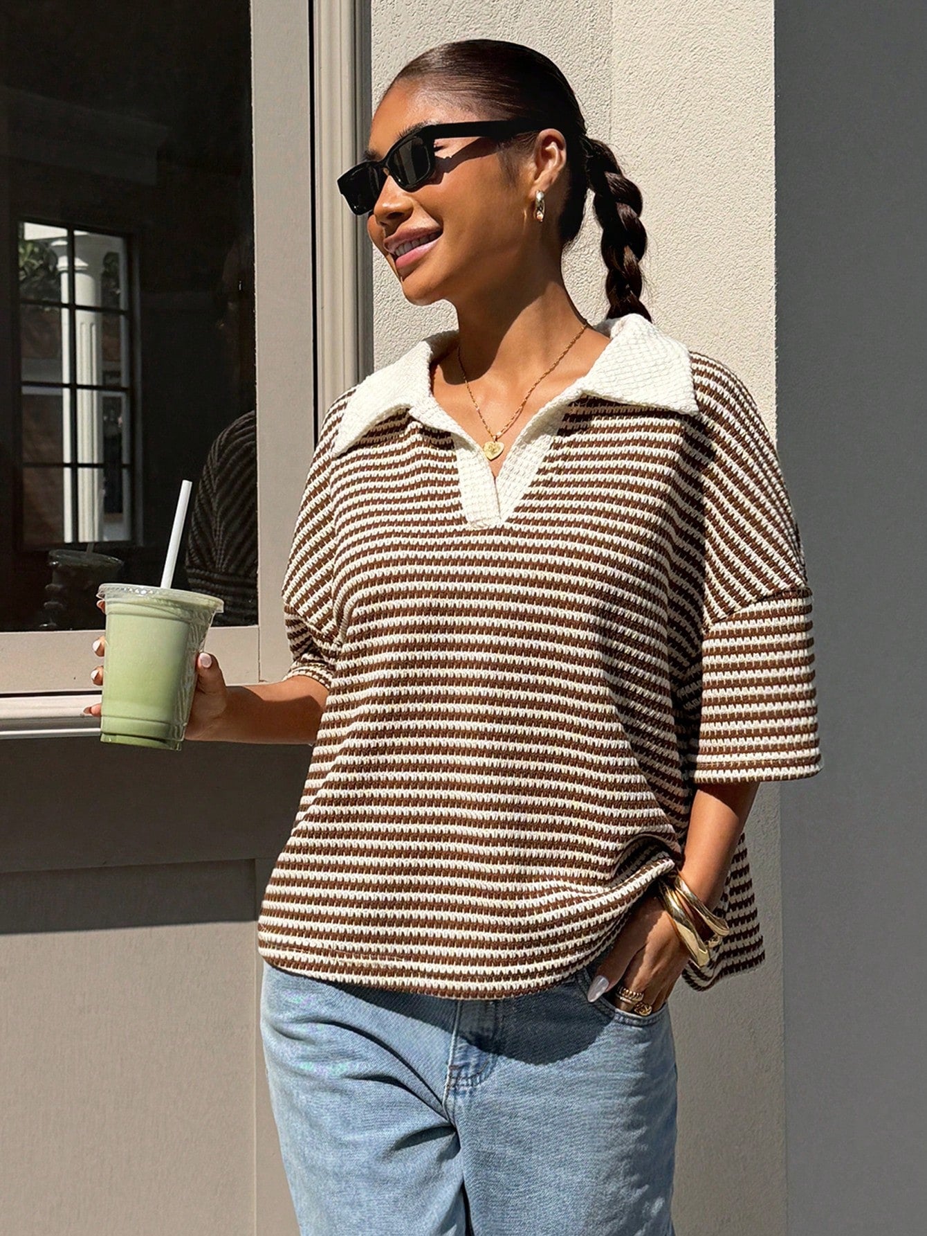 Muchica Women's Loose Brown Stripe Polo Collar T-Shirt,Casual Summer Everyday V-Neck Color-Blocked Drop-Shoulder Short-Sleeved Top,Spring Holiday Clothing