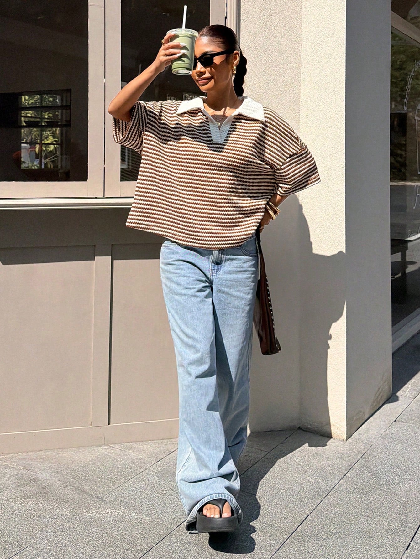 Muchica Women's Loose Brown Stripe Polo Collar T-Shirt,Casual Summer Everyday V-Neck Color-Blocked Drop-Shoulder Short-Sleeved Top,Spring Holiday Clothing