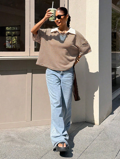 Muchica Women's Loose Brown Stripe Polo Collar T-Shirt,Casual Summer Everyday V-Neck Color-Blocked Drop-Shoulder Short-Sleeved Top,Spring Holiday Clothing
