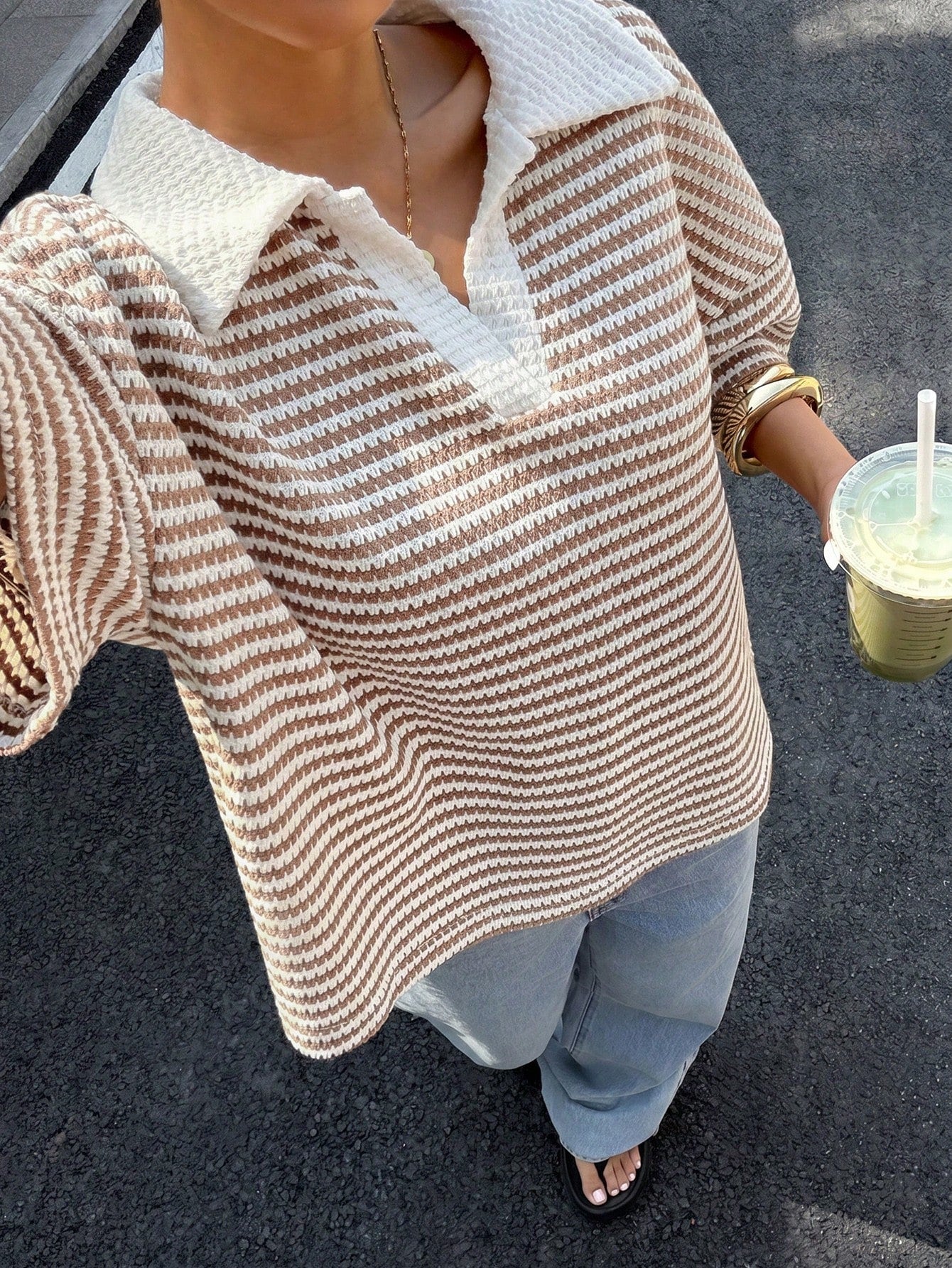 Muchica Women's Loose Brown Stripe Polo Collar T-Shirt,Casual Summer Everyday V-Neck Color-Blocked Drop-Shoulder Short-Sleeved Top,Spring Holiday Clothing