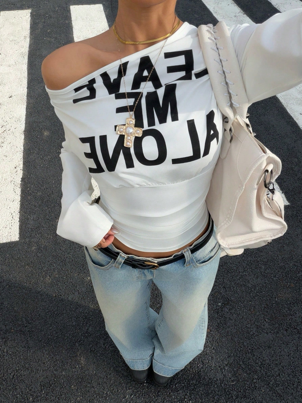 Muchica Women's White Letter Print Asymmetrical Shoulder Cinched Waist Cropped Long Sleeve T-Shirt For Going Out, Streetwear, Y2K