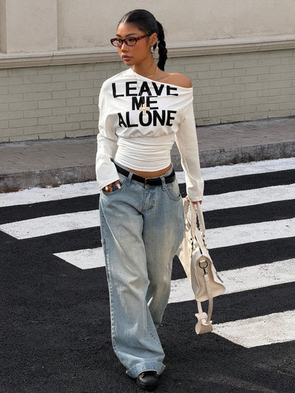 Muchica Women's White Letter Print Asymmetrical Shoulder Cinched Waist Cropped Long Sleeve T-Shirt For Going Out, Streetwear, Y2K