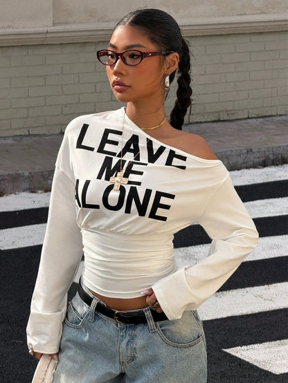 Muchica Women's White Letter Print Asymmetrical Shoulder Cinched Waist Cropped Long Sleeve T-Shirt For Going Out, Streetwear, Y2K