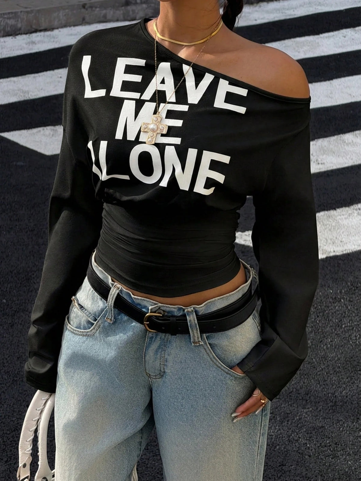 Muchica Women's White Letter Print Asymmetrical Shoulder Cinched Waist Cropped Long Sleeve T-Shirt For Going Out, Streetwear, Y2K