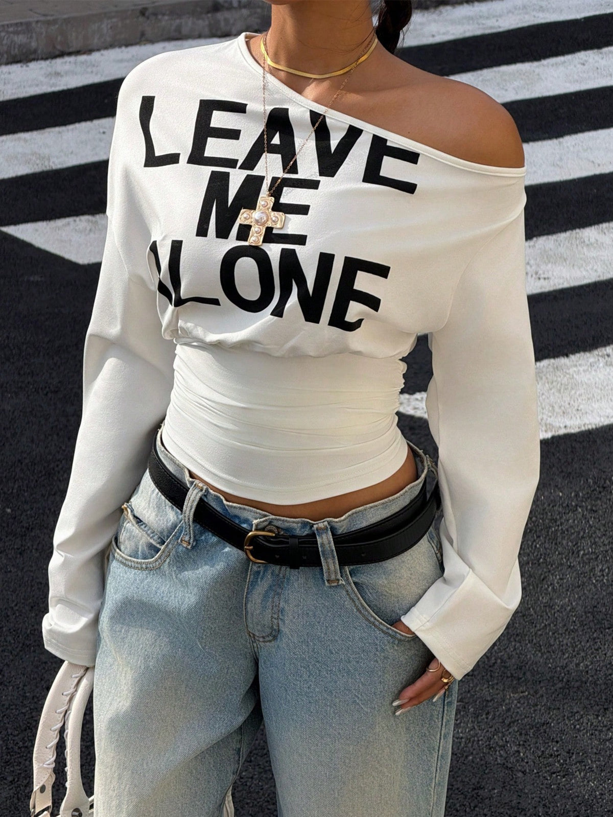 Muchica Women's White Letter Print Asymmetrical Shoulder Cinched Waist Cropped Long Sleeve T-Shirt For Going Out, Streetwear, Y2K