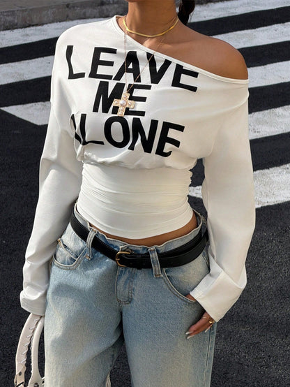 Muchica Women's White Letter Print Asymmetrical Shoulder Cinched Waist Cropped Long Sleeve T-Shirt For Going Out, Streetwear, Y2K