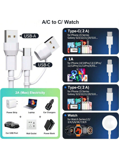 Multi Charging Cable 4 In 2 Compatible With Apple Watch Charger I-Phone, Travel 4 In 2 Watch & Phone Charger With IOSPorts/Type C/Type C Port Compatible With Apple Watch/ 15 14 13 12 11/Galaxy Androi