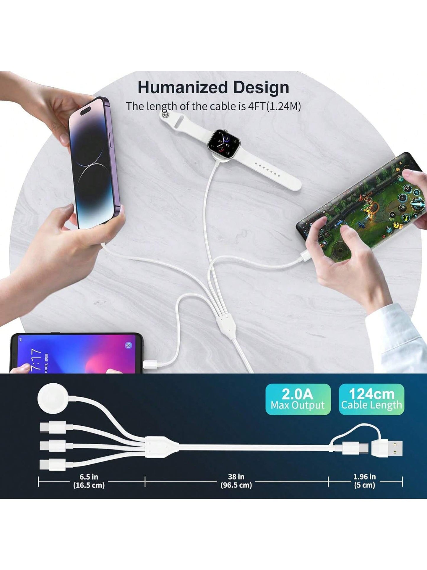 Multi Charging Cable 4 In 2 Compatible With Apple Watch Charger I-Phone, Travel 4 In 2 Watch & Phone Charger With IOSPorts/Type C/Type C Port Compatible With Apple Watch/ 15 14 13 12 11/Galaxy Androi