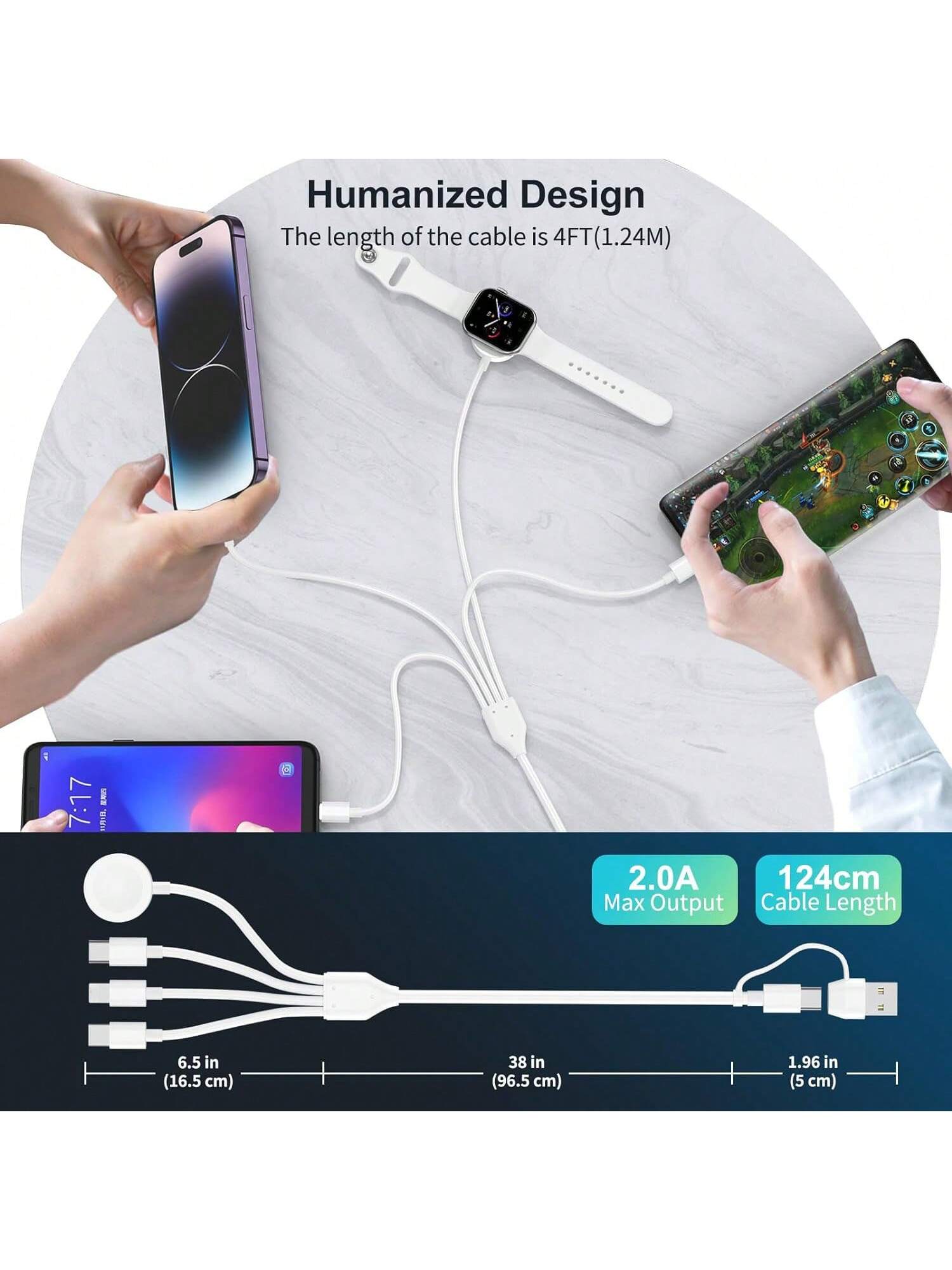 Multi Charging Cable 4 In 2 Compatible With Apple Watch Charger I-Phone, Travel 4 In 2 Watch & Phone Charger With IOSPorts/Type C/Type C Port Compatible With Apple Watch/ 15 14 13 12 11/Galaxy Androi