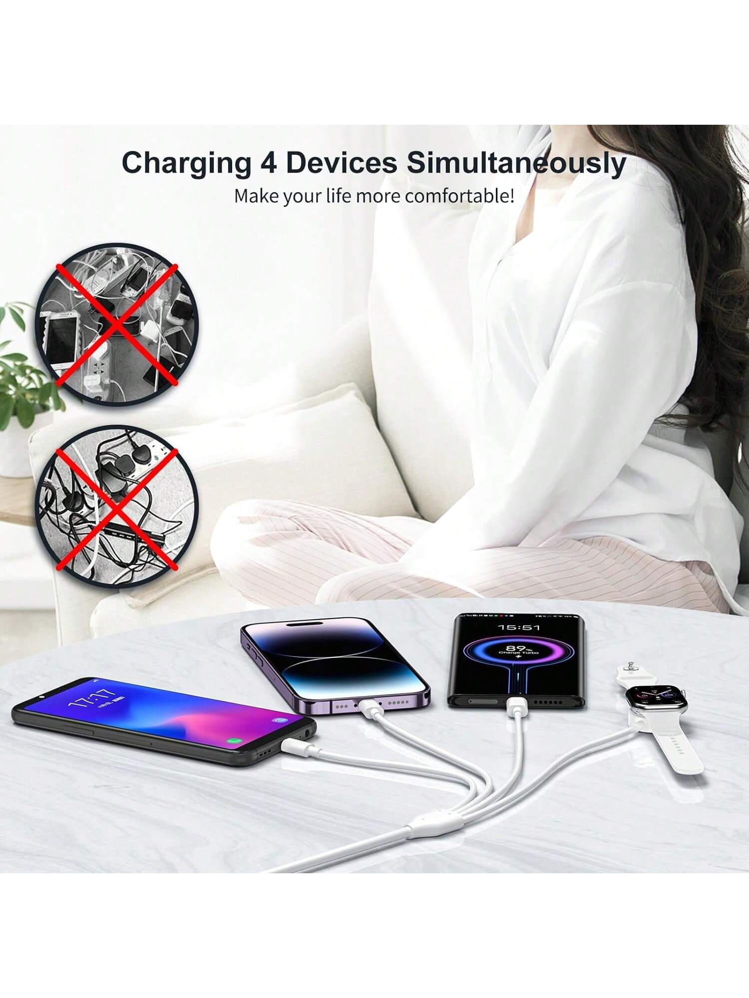 Multi Charging Cable 4 In 2 Compatible With Apple Watch Charger I-Phone, Travel 4 In 2 Watch & Phone Charger With IOSPorts/Type C/Type C Port Compatible With Apple Watch/ 15 14 13 12 11/Galaxy Androi