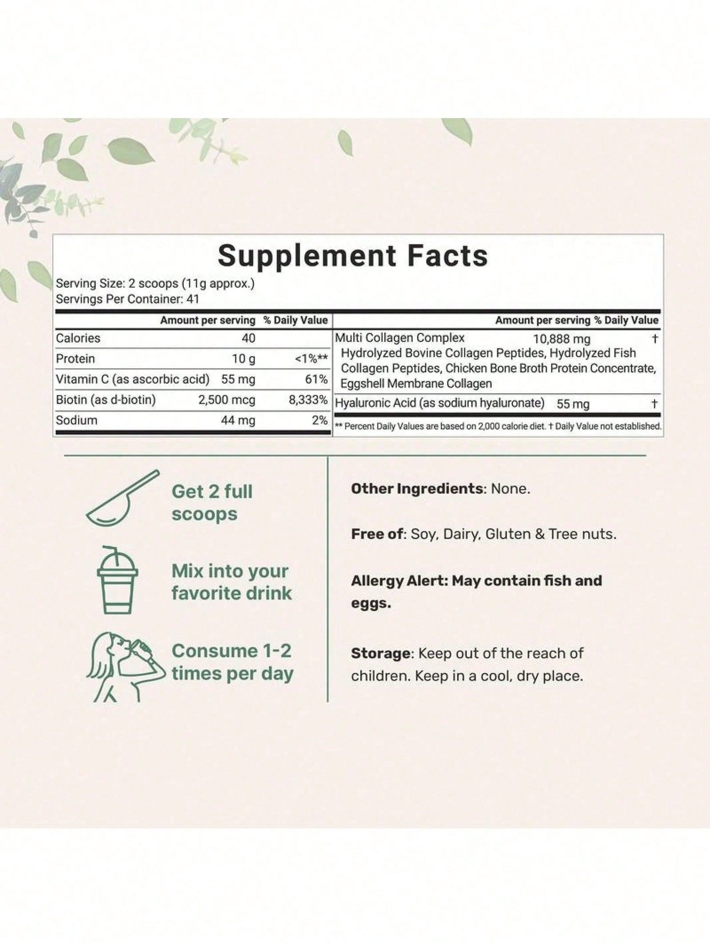 Multi Collagen Peptides Powder- Hydrolyzed Protein Peptides (Type I,II,III,V,X) With Hyaluronic Acid, Biotin & Vitamin C Unflavored