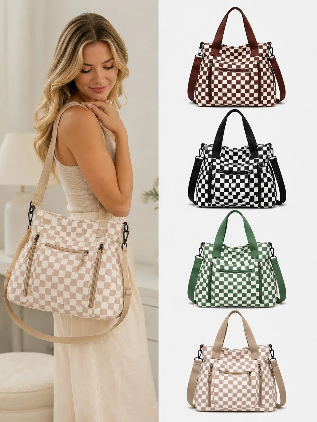 Multi-Compartment Textured Checkered Bag| Ideal For Daily Commute, School & Outdoor Trips| Stylish Versatile Multi-Purpose Shoulder
