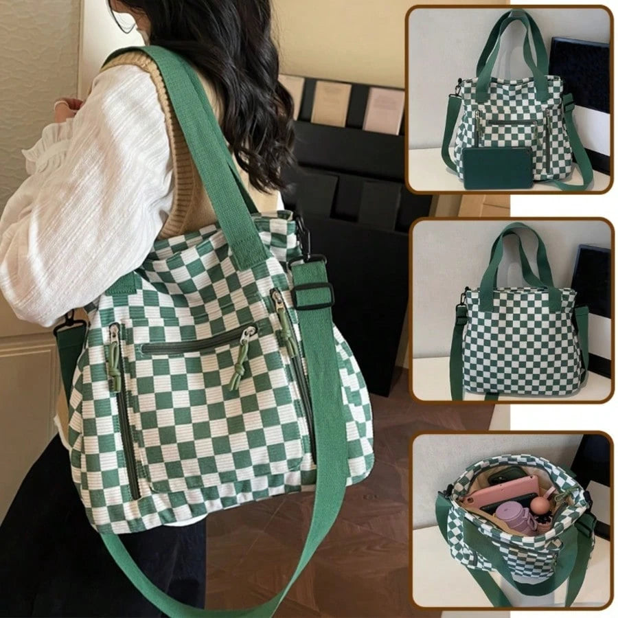 Multi-Compartment Textured Checkered Bag| Ideal For Daily Commute, School & Outdoor Trips| Stylish Versatile Multi-Purpose Shoulder