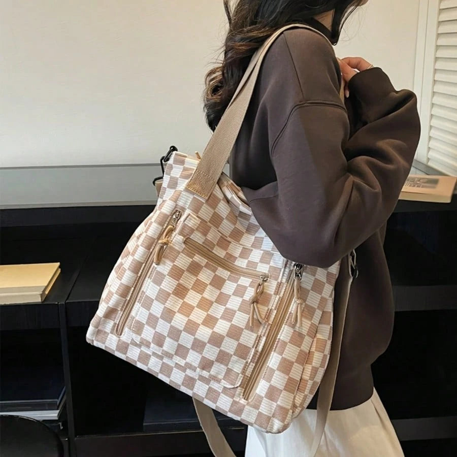 Multi-Compartment Textured Checkered Bag| Ideal For Daily Commute, School & Outdoor Trips| Stylish Versatile Multi-Purpose Shoulder
