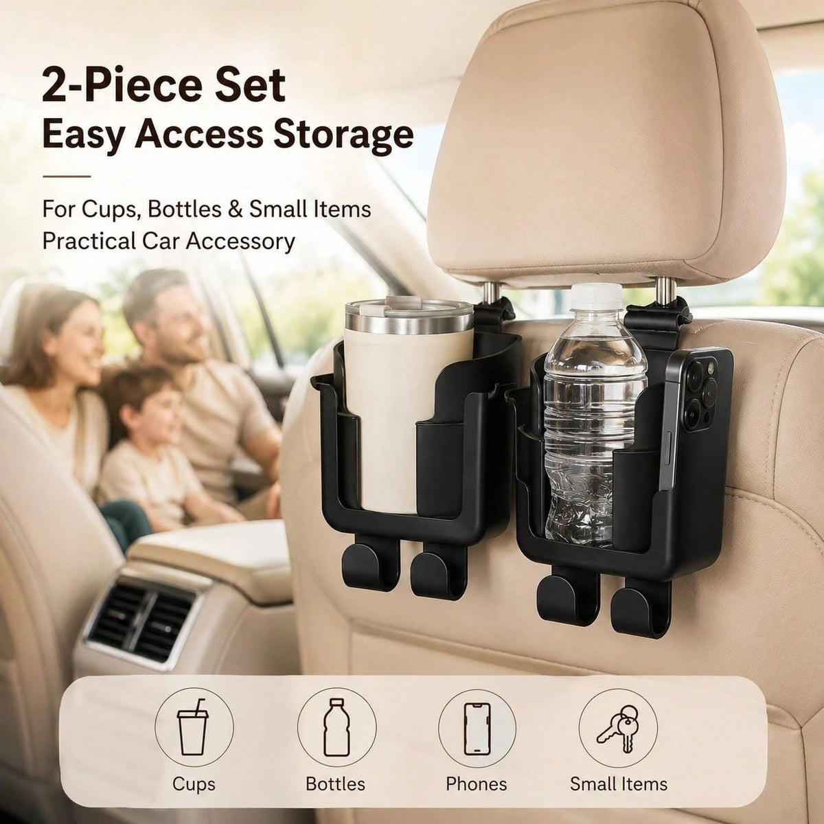 Multifunctional Car Back Organizer, Car Interior Storage With Cup Holder, Phone Holder And Hooks, Made Of Durable And Easy-To-Clean Material, II8K
