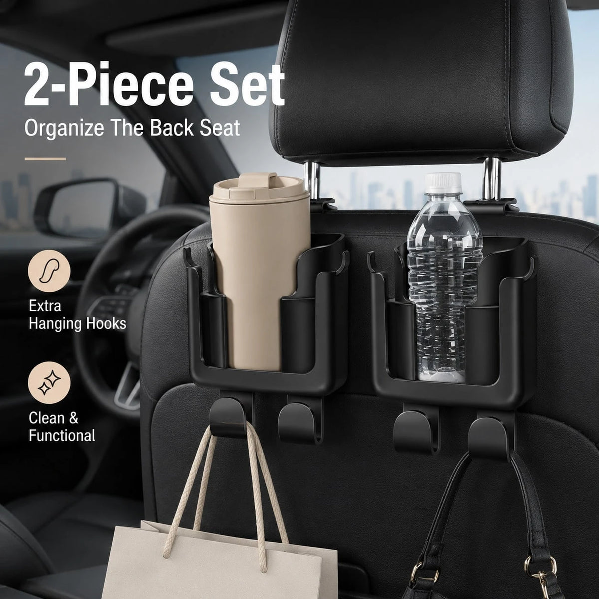 Multifunctional Car Back Organizer, Car Interior Storage With Cup Holder, Phone Holder And Hooks, Made Of Durable And Easy-To-Clean Material, II8K