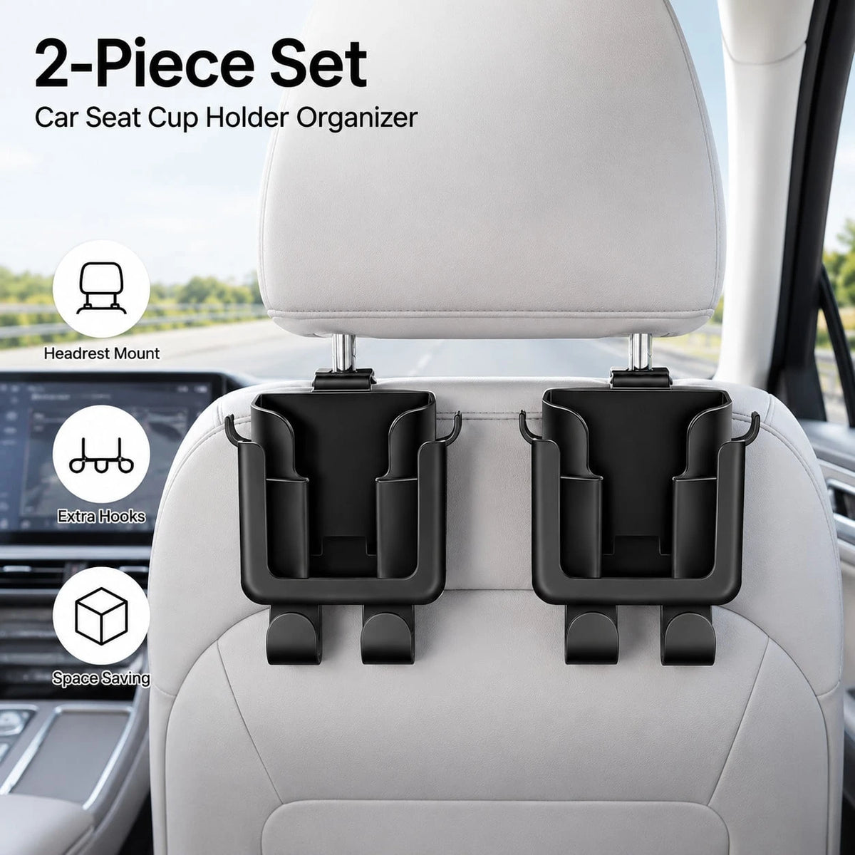 Multifunctional Car Back Organizer, Car Interior Storage With Cup Holder, Phone Holder And Hooks, Made Of Durable And Easy-To-Clean Material, II8K