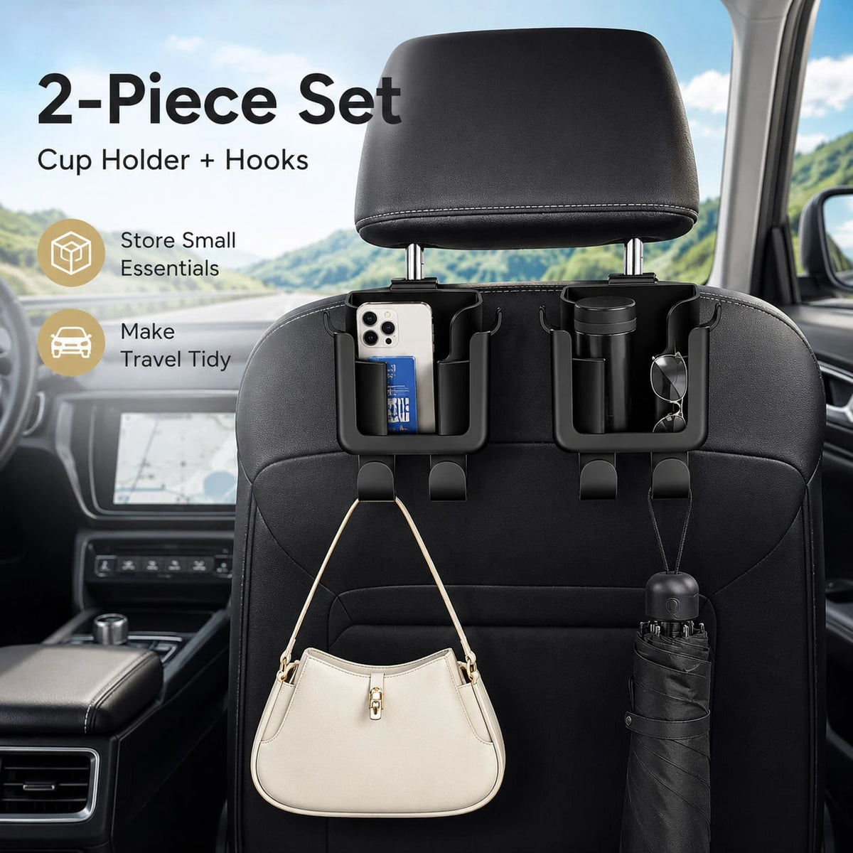 Multifunctional Car Back Organizer, Car Interior Storage With Cup Holder, Phone Holder And Hooks, Made Of Durable And Easy-To-Clean Material, II8K