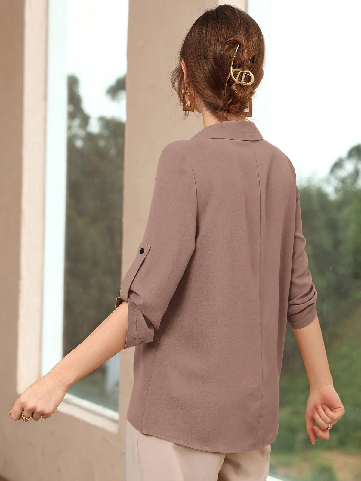 Mulvari Casual Women's Dusty Pink Long Roll Up Sleeve Top With Collar Neckline Regular Length Shirt