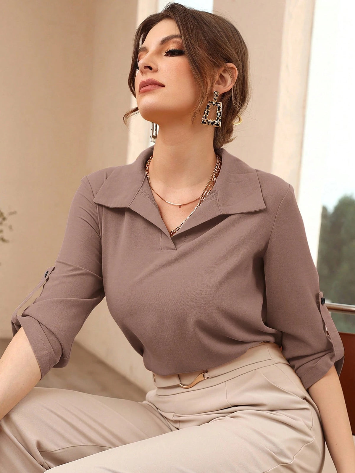 Mulvari Casual Women's Dusty Pink Long Roll Up Sleeve Top With Collar Neckline Regular Length Shirt