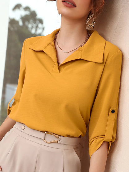Mulvari Casual Women's Dusty Pink Long Roll Up Sleeve Top With Collar Neckline Regular Length Shirt