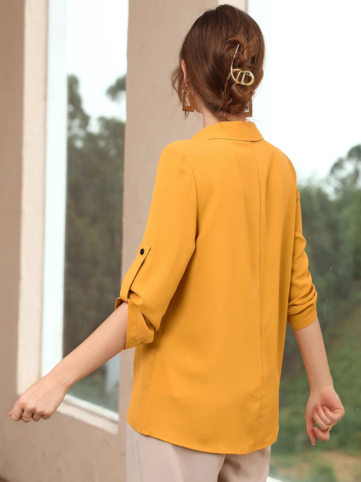 Mulvari Casual Women's Dusty Pink Long Roll Up Sleeve Top With Collar Neckline Regular Length Shirt