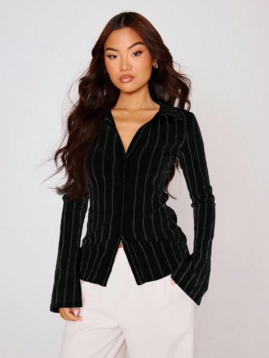 MUSERA Fitted Stripe Flare Long Sleeve Button Up Shirt, Casual, Cute Elegant Occasion Cute Tops Holiday Work Party,Elegant Valentines Day Spring Summer