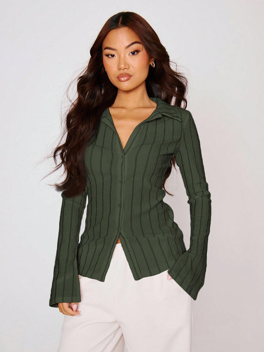 MUSERA Fitted Stripe Flare Long Sleeve Button Up Shirt, Casual, Cute Elegant Occasion Cute Tops Holiday