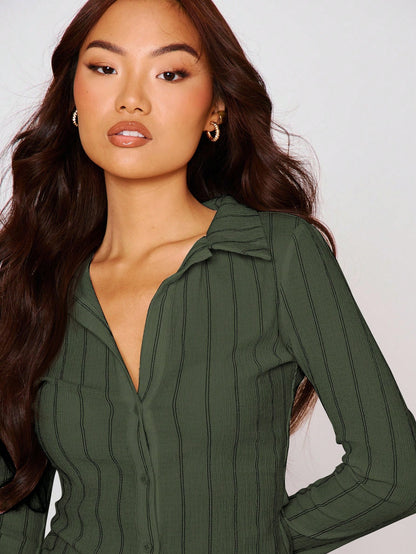 MUSERA Fitted Stripe Flare Long Sleeve Button Up Shirt, Casual, Cute Elegant Occasion Cute Tops Holiday