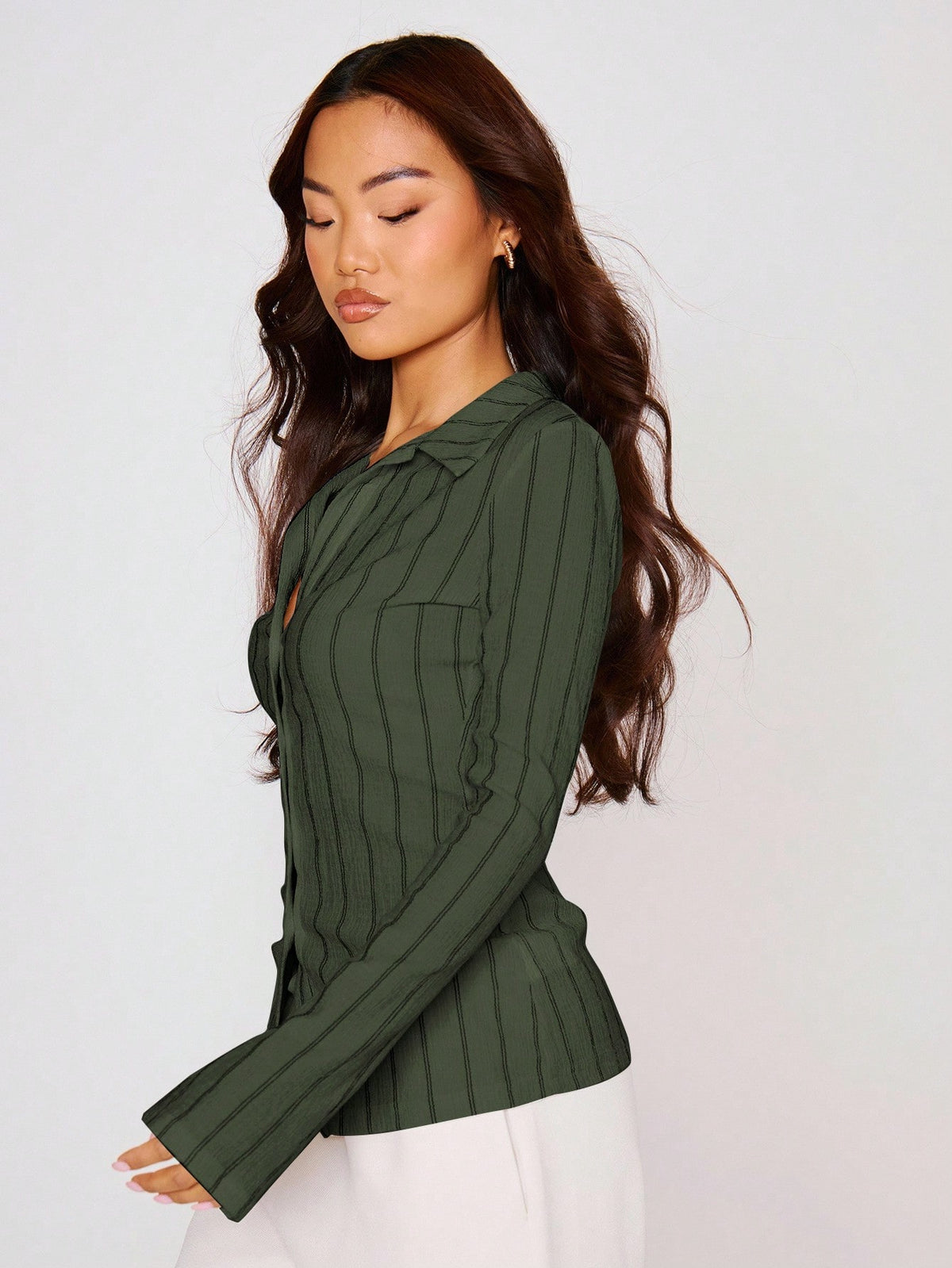 MUSERA Fitted Stripe Flare Long Sleeve Button Up Shirt, Casual, Cute Elegant Occasion Cute Tops Holiday