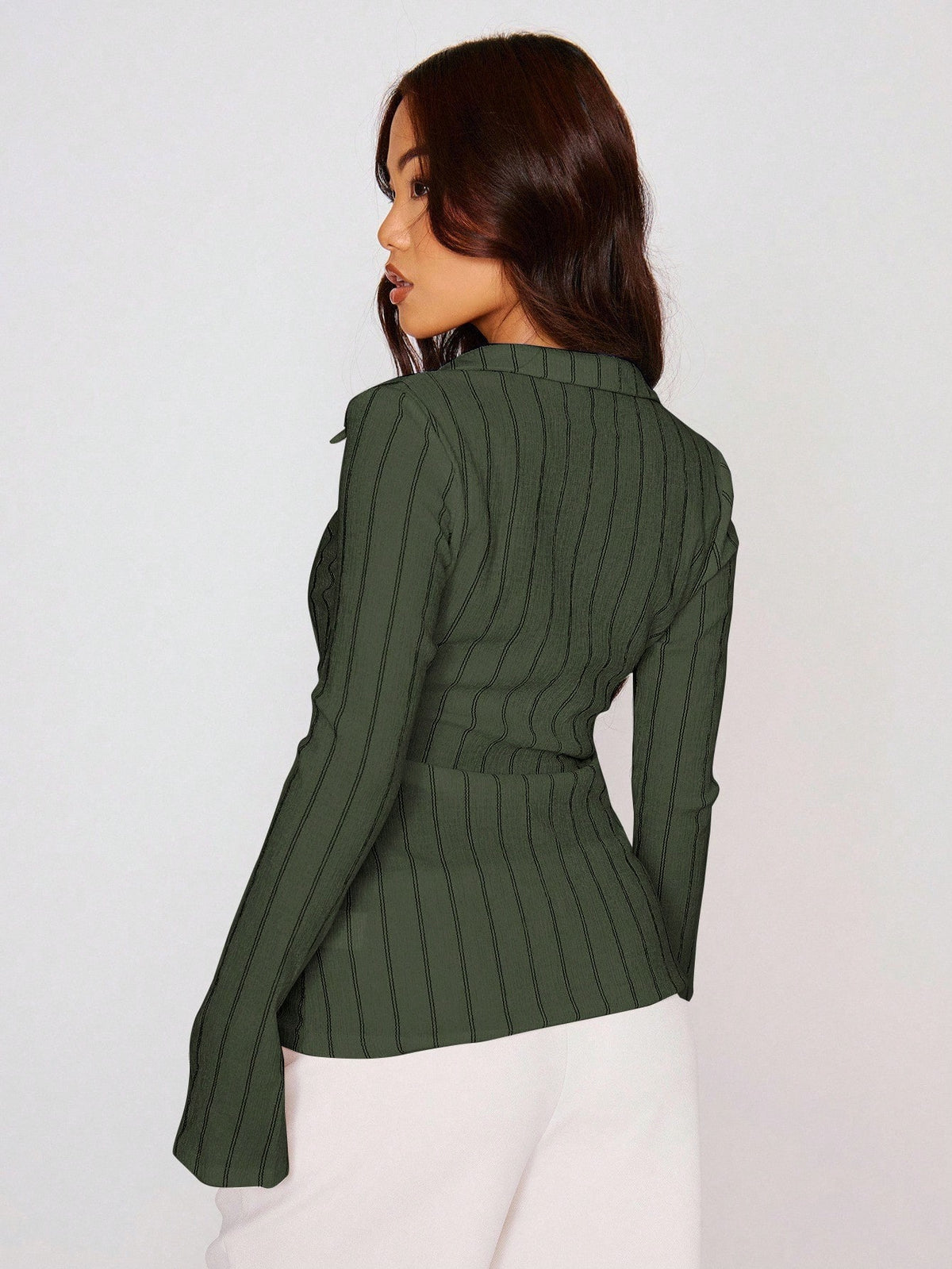 MUSERA Fitted Stripe Flare Long Sleeve Button Up Shirt, Casual, Cute Elegant Occasion Cute Tops Holiday