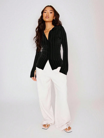 MUSERA Fitted Stripe Flare Long Sleeve Button Up Shirt, Casual, Cute Elegant Occasion Cute Tops Holiday Work Party,Elegant Valentines Day Spring Summer