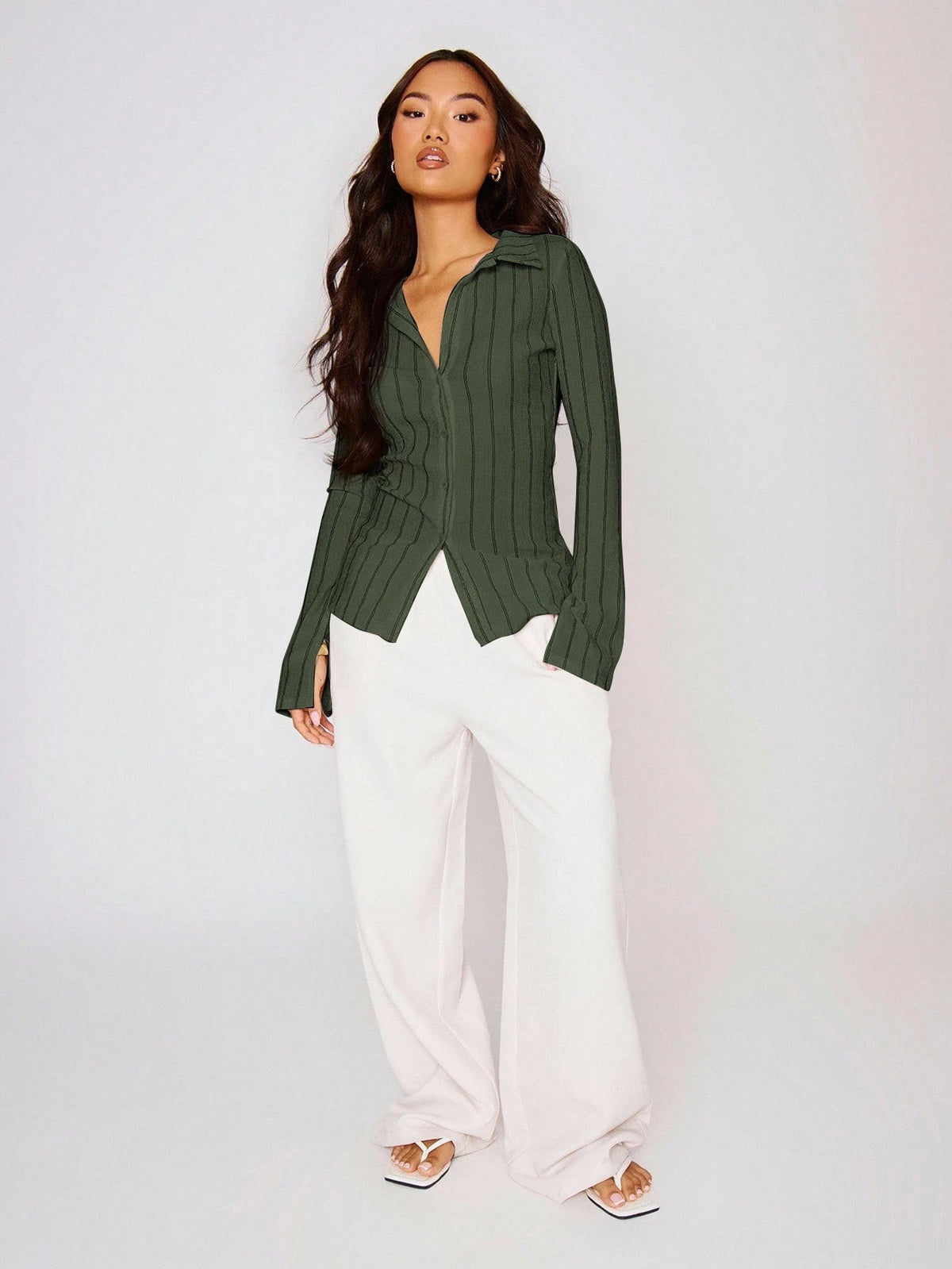 MUSERA Fitted Stripe Flare Long Sleeve Button Up Shirt, Casual, Cute Elegant Occasion Cute Tops Holiday