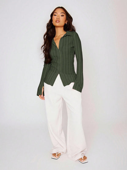 MUSERA Fitted Stripe Flare Long Sleeve Button Up Shirt, Casual, Cute Elegant Occasion Cute Tops Holiday
