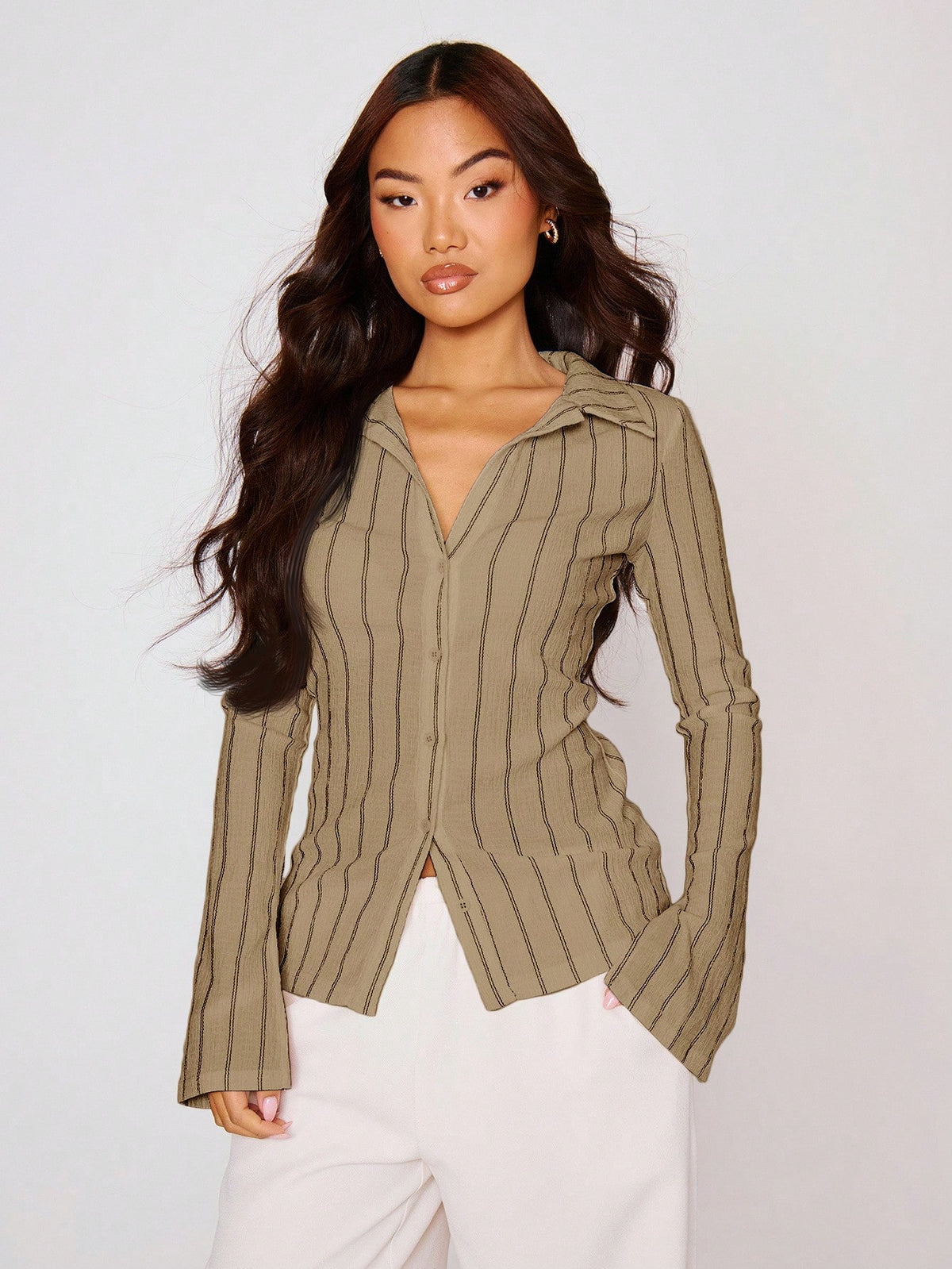 MUSERA Fitted Stripe Flare Long Sleeve Button Up Shirt, Casual, Cute Elegant Occasion Cute Tops Holiday Work Party,Elegant Valentines Day Spring Summer