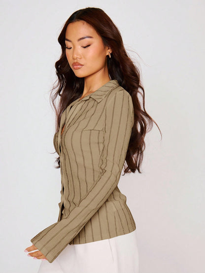 MUSERA Fitted Stripe Flare Long Sleeve Button Up Shirt, Casual, Cute Elegant Occasion Cute Tops Holiday Work Party,Elegant Valentines Day Spring Summer