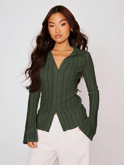 MUSERA Fitted Stripe Flare Long Sleeve Button Up Shirt, Casual, Cute Elegant Occasion Cute Tops Holiday