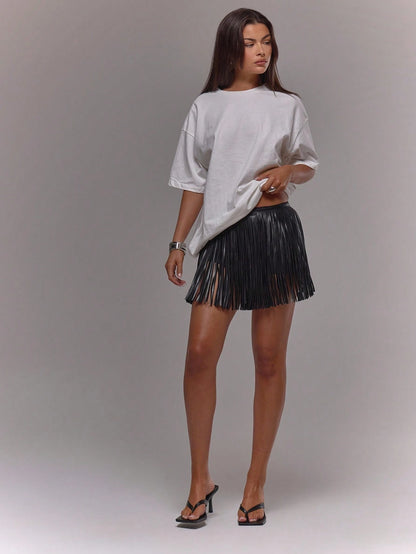 MUSERA Off-White Summer Party Punk Low Waist Faux Leather Tassle Fringe Mini Skirt Ibiza Holiday Vacation Beach Elegant Occasion Birthday Boho