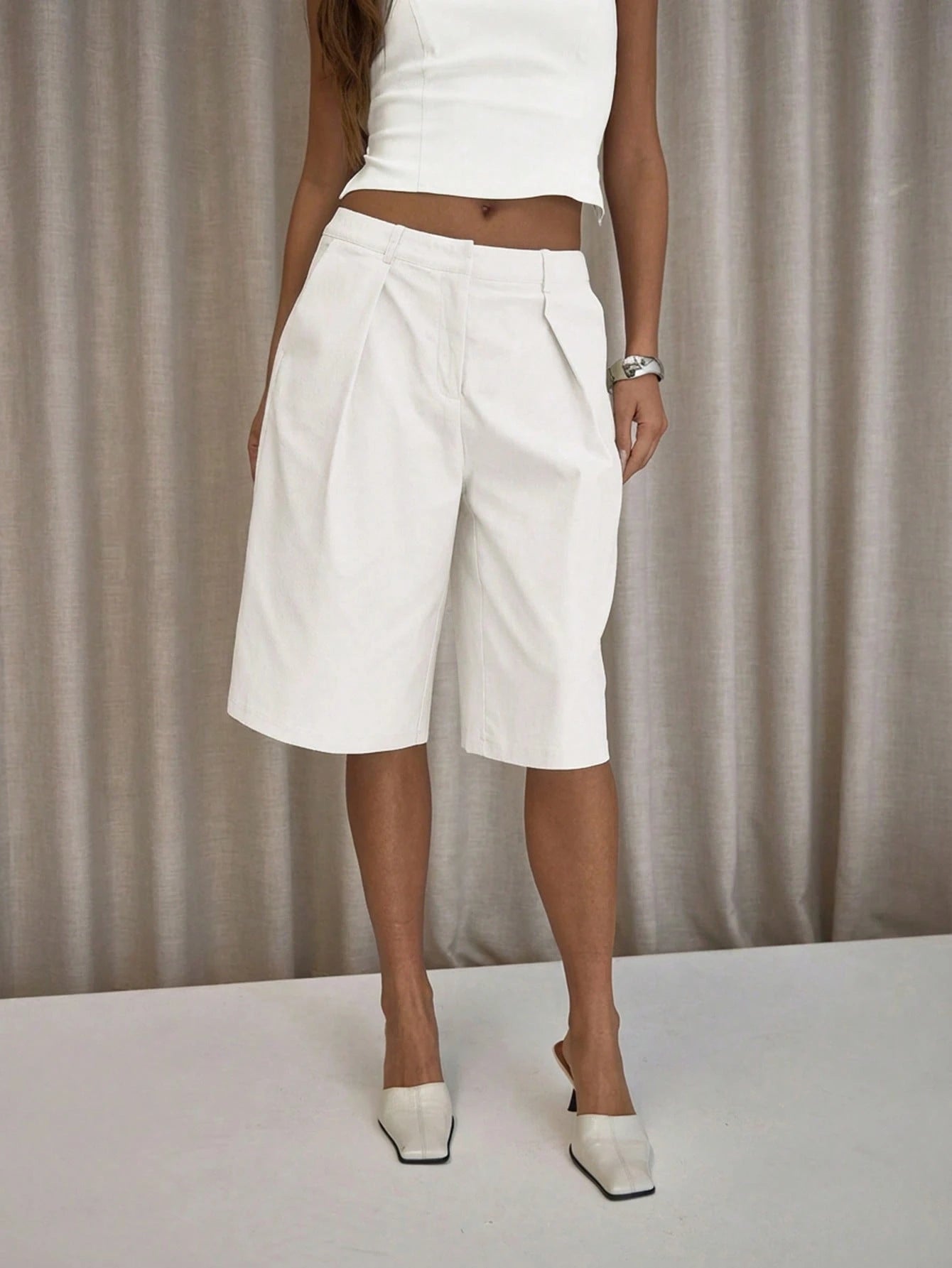 MUSERA Pleated Straight Fit Tailored Longline Shorts Only Classy Sexy Streetwear Night Out Party Elegant Casual Summer Holiday