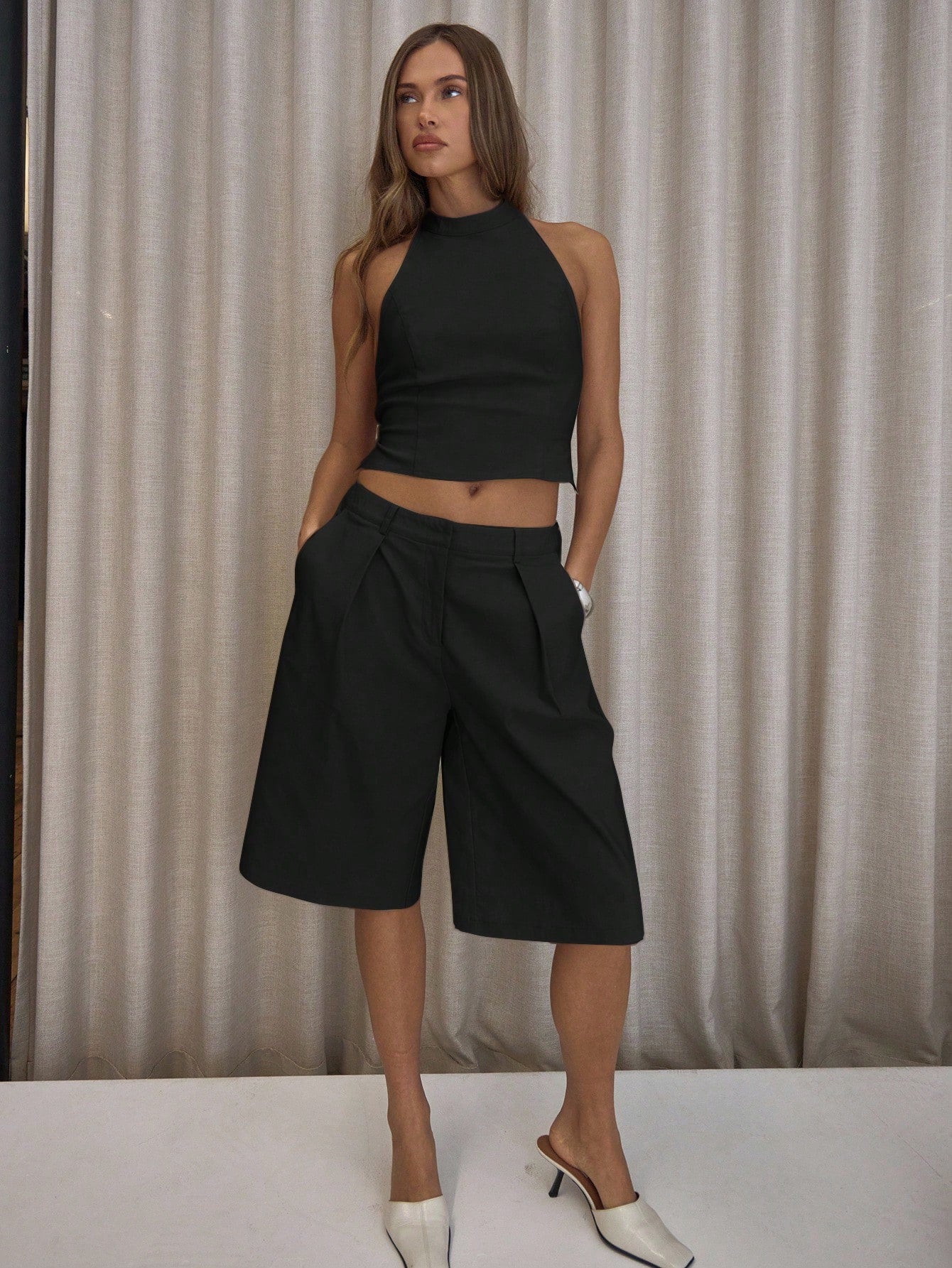 MUSERA Pleated Straight Fit Tailored Longline Shorts Only Classy Sexy Streetwear Night Out Party Spring Elegant Summer Casual Holiday