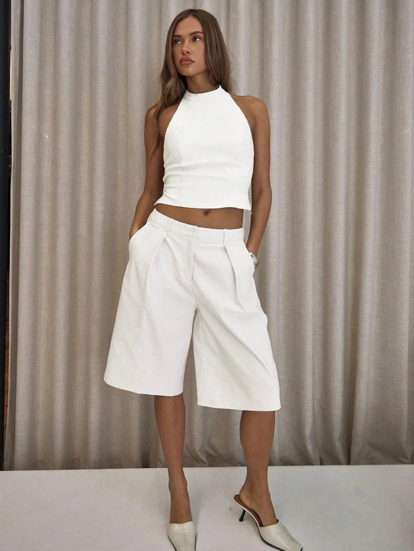 MUSERA Pleated Straight Fit Tailored Longline Shorts Only Classy Sexy Streetwear Night Out Party Elegant Casual Summer Holiday