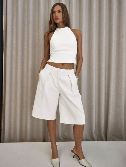 MUSERA Pleated Straight Fit Tailored Longline Shorts Only Classy Sexy Streetwear Night Out Party Elegant Casual Summer Holiday