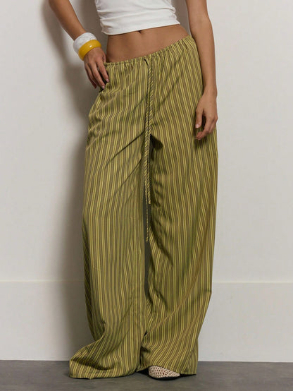 MUSERA Stripe Drawstring Wide Leg Trousers Cute Summer Holiday Vacation Casual Elegant Beach Linen Style Trousers Collective Office Attire For Women Office Wear Women Spring Pants