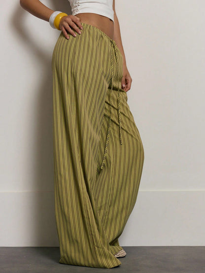 MUSERA Stripe Drawstring Wide Leg Trousers Cute Summer Holiday Vacation Casual Elegant Beach Linen Style Trousers Collective Office Attire For Women Office Wear Women Spring Pants
