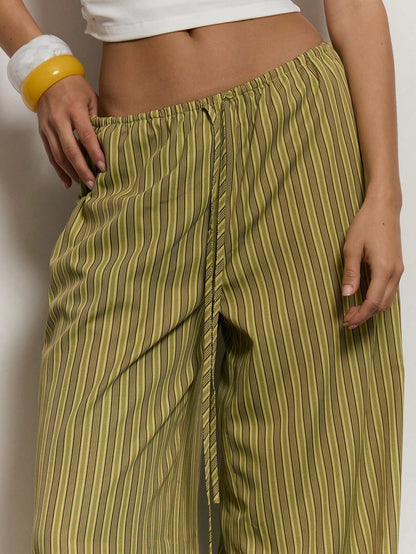 MUSERA Stripe Drawstring Wide Leg Trousers Cute Summer Holiday Vacation Casual Elegant Beach Linen Style Trousers Collective Office Attire For Women Office Wear Women Spring Pants
