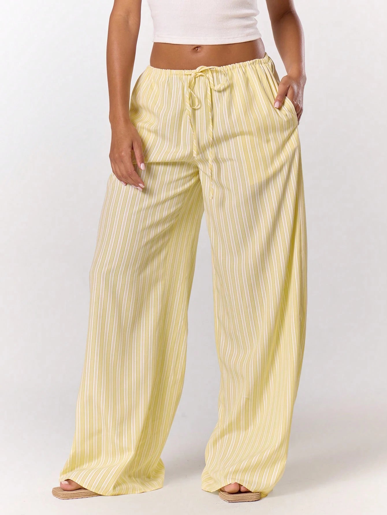 MUSERA Stripe Drawstring Wide Leg Trousers Cute Summer Holiday Vacation Casual Elegant Beach Linen Style Trousers Collective Office Attire For Women Office Wear Women Spring Pants